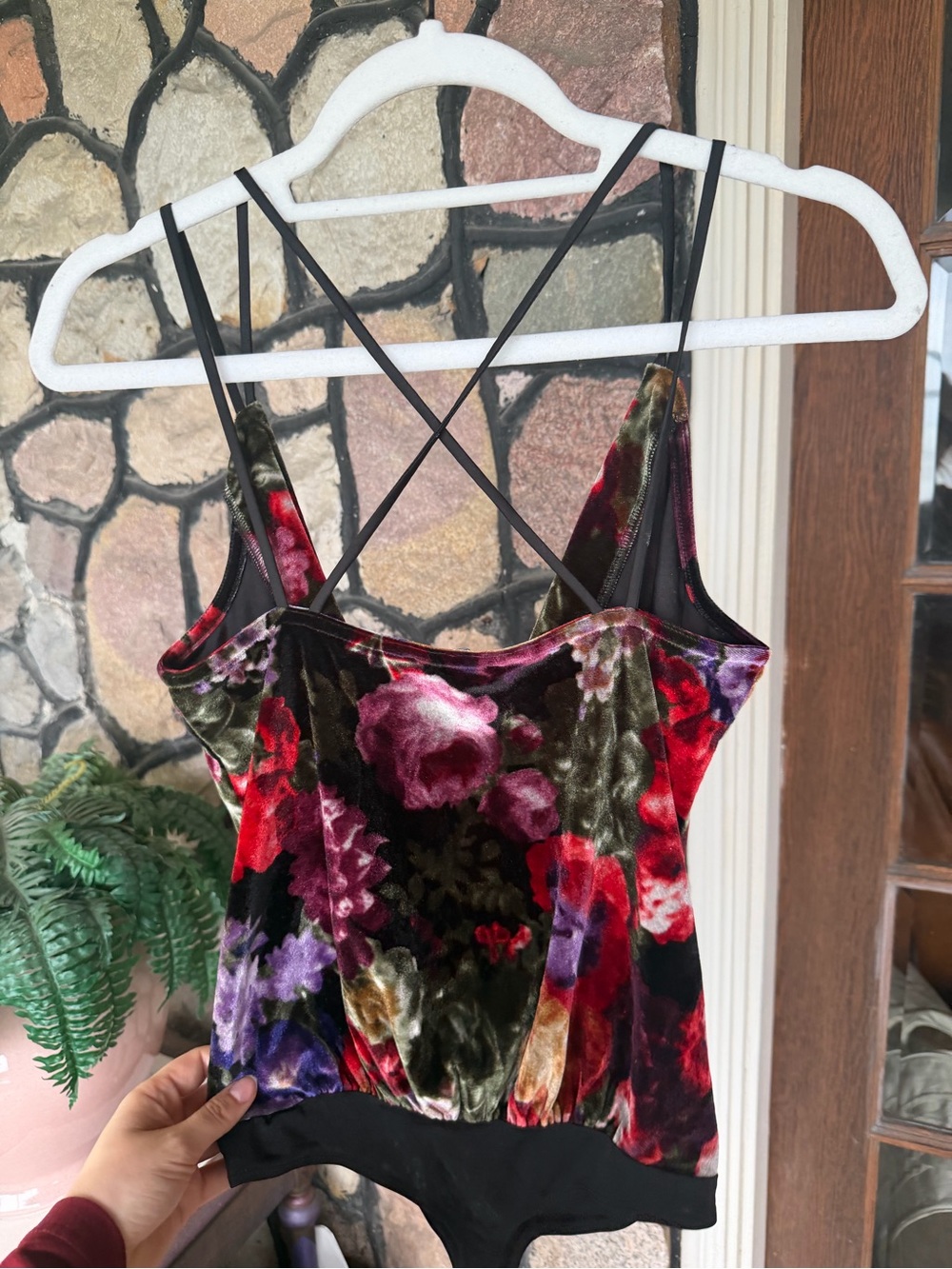 Express Floral Velvet Cami Bodysuit - Black Multicolor